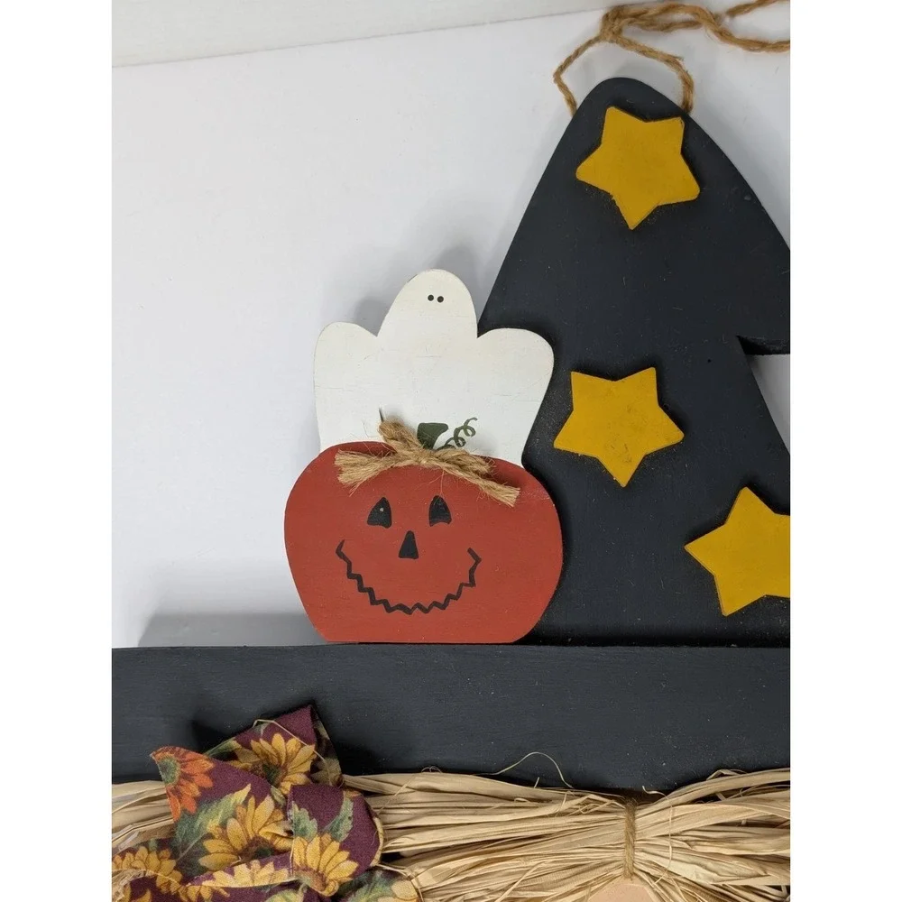 Handmade Wooden Halloween Witch Hat Wall Hanging Rustic Straw Hair Decor